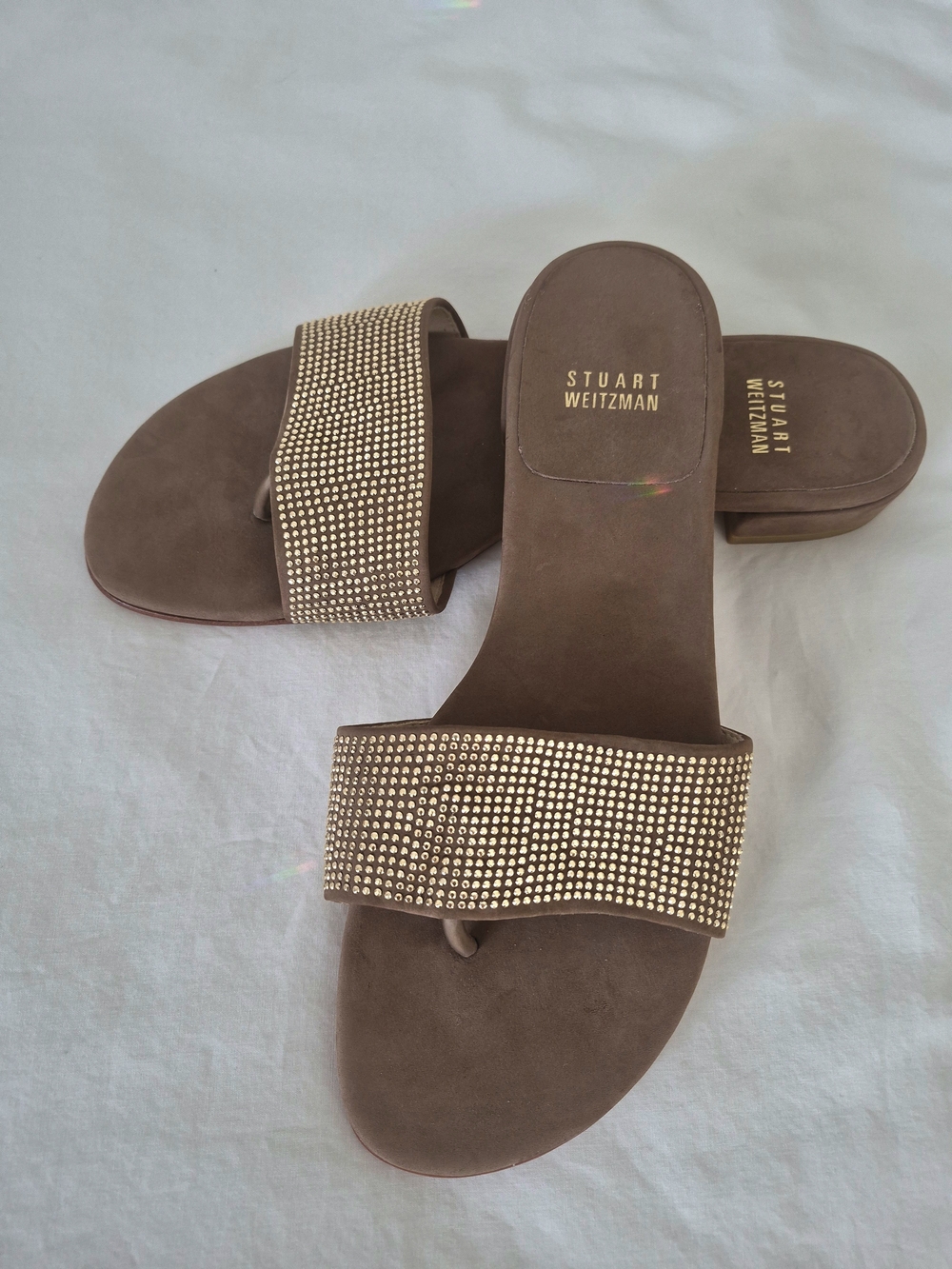 Stuart Weitzman Brown Suede Slide Sandals with Gold Studded Strap. Size 8.5.